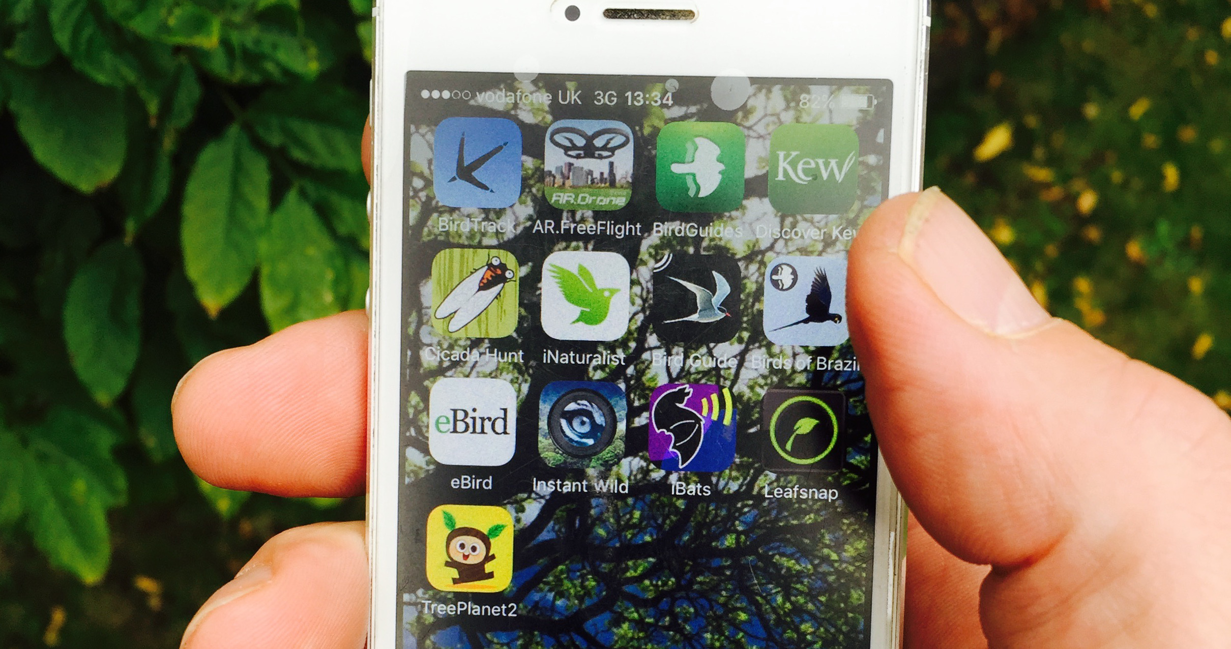 Holding a smartphone with nature apps installed